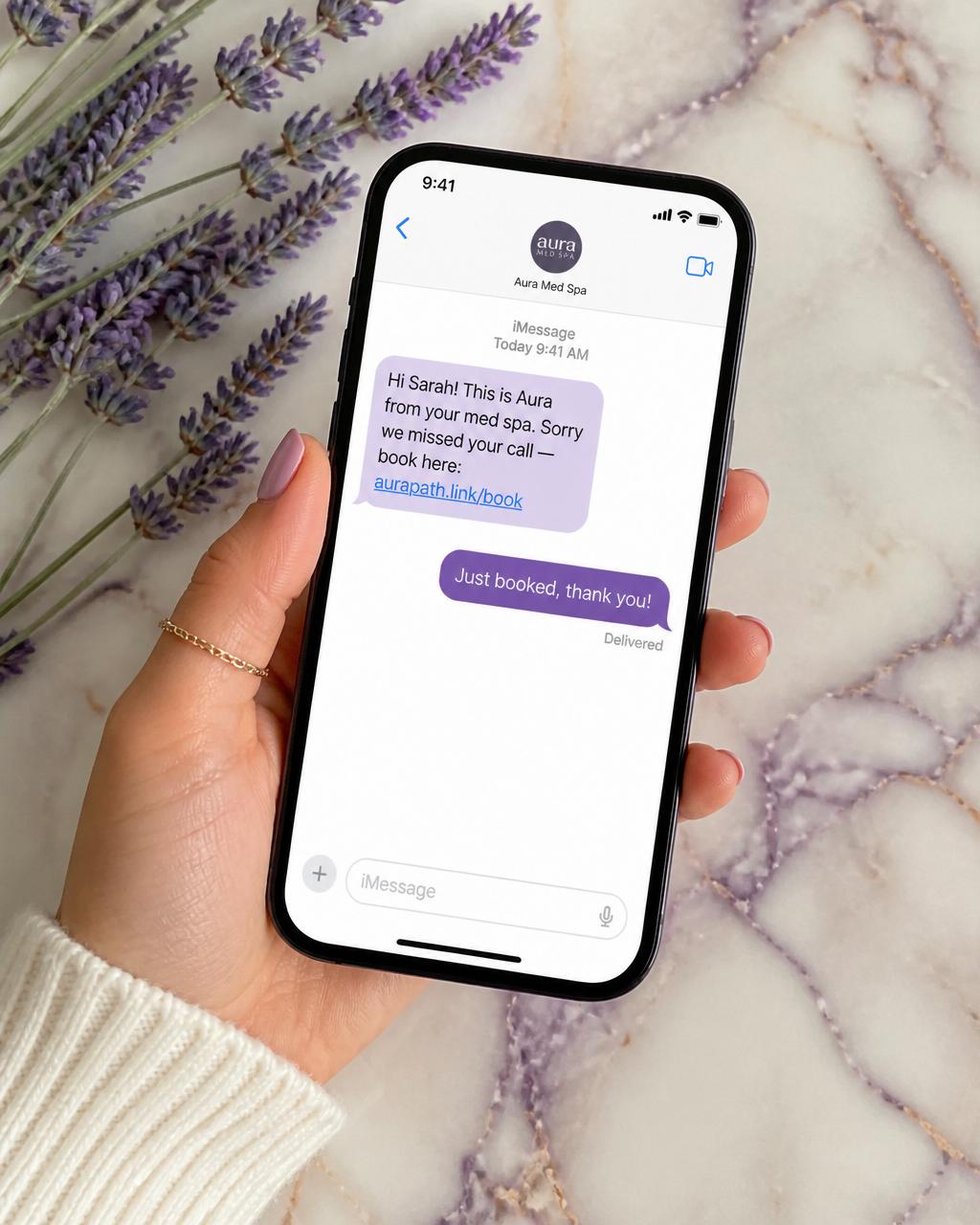 Med spa owner checking her schedule on her phone while Aura handles reminders