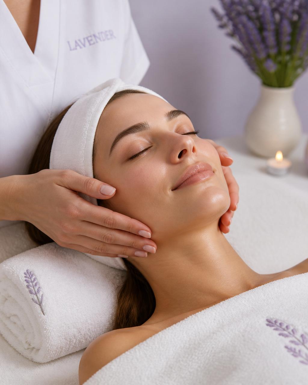 Client relaxing during a facial treatment while Aura handles the front desk